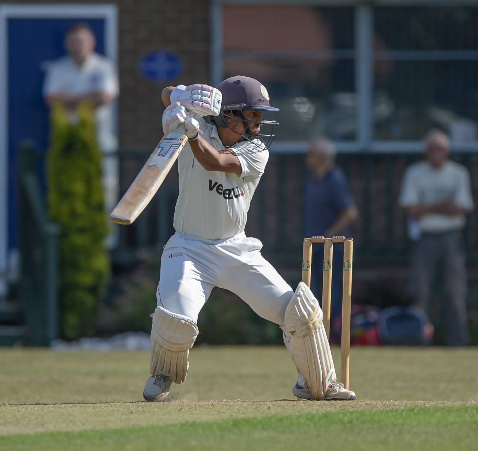 A Pudsey Congs batter playing a shot at the Veezu Britannia Ground